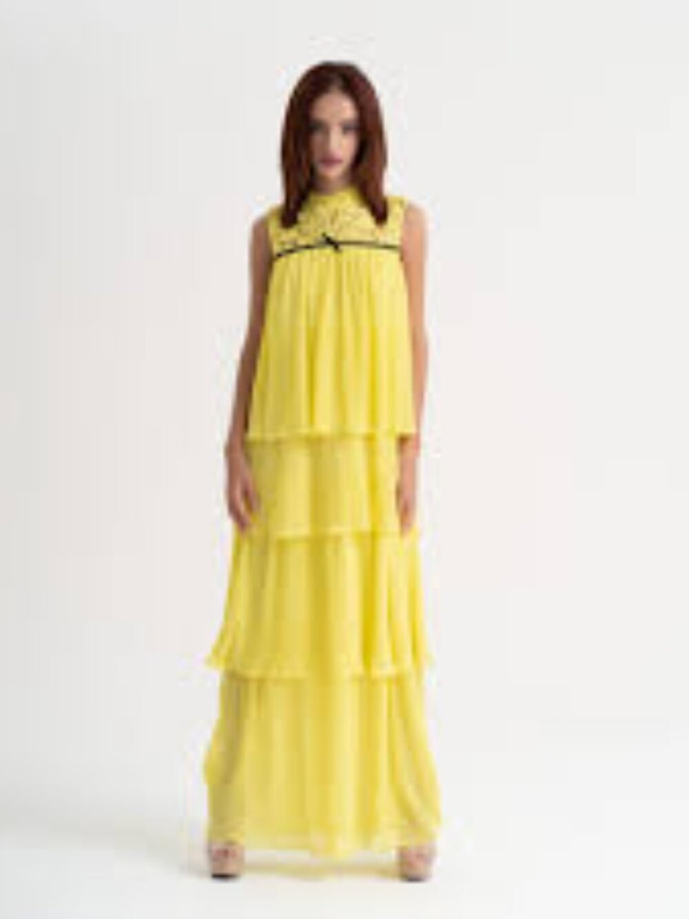 Fashion Nova Yellow Tiered Maxi Dress Lace Top Size Small Women's